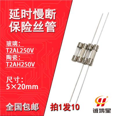 T2AH250V玻璃陶瓷保险丝管T2AL带引脚线延时慢断电源电视机10个