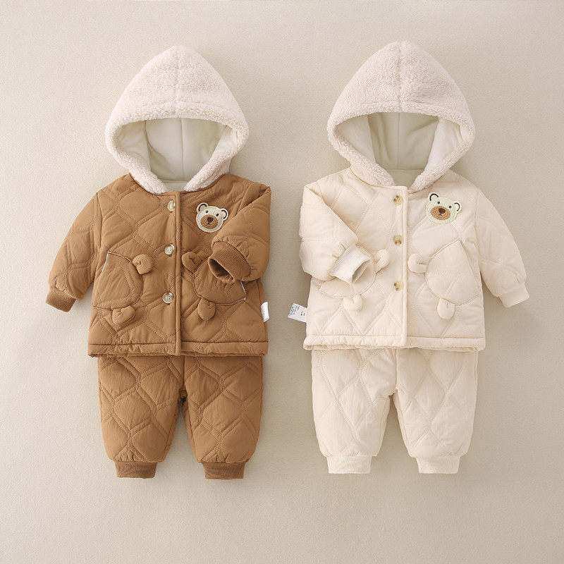 婴幼儿棉衣套装冬季2025新款小熊连帽保暖加绒棉服棉裤休闲两件套