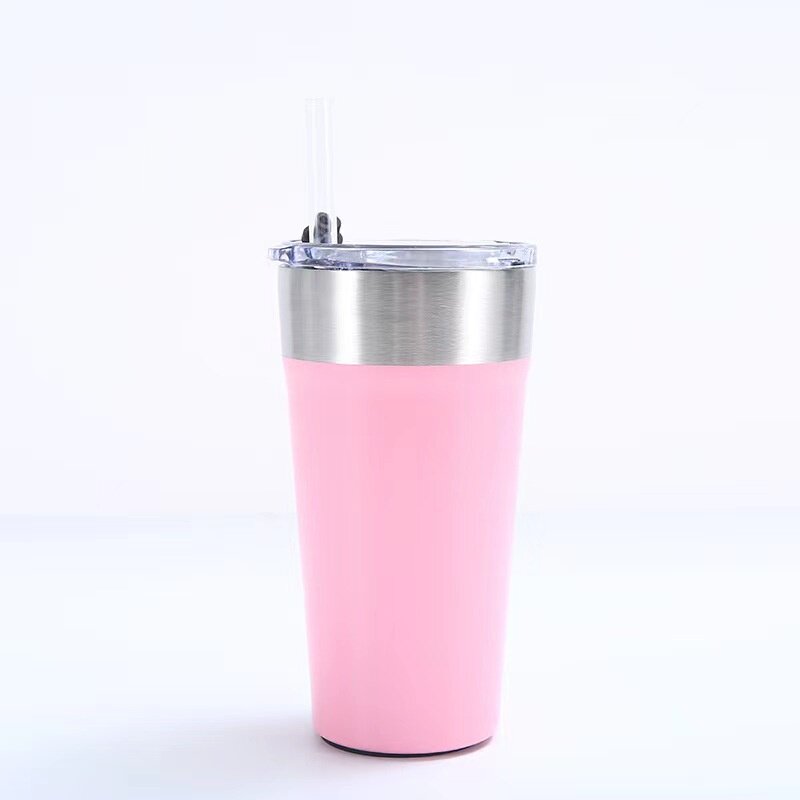 跨境304双层不锈钢吸管杯批发自带便携啤酒杯车载开瓶器杯汽车
