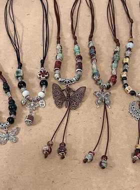 覆古民族风陶瓷蝴蝶铃铛吊坠项炼女配饰品2024年新款潮长款陶瓷炼