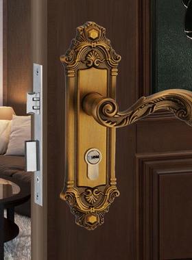 黄古铜欧式门锁双舌门锁室内实木门锁卧室锁具家用把手孔距F135