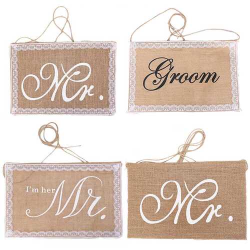 新品麻布椅背拉旗 欧美风婚礼现场装 MR MRS新郎新娘装饰椅背
