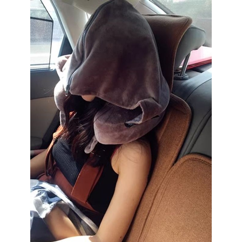 记忆棉U型枕连帽可拆洗学生护颈枕办公室午睡车载u形枕旅行遮光枕