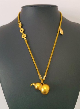 金葫芦吊坠原创新款金色镶钻葫芦福禄招财铜钱精工编织项链绳轻奢