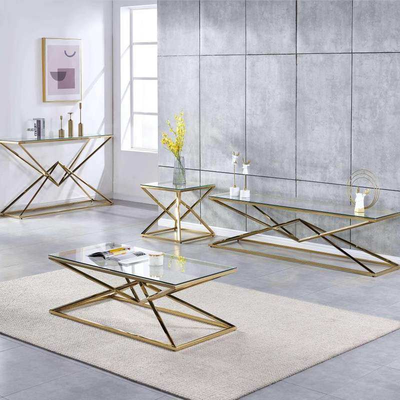 厂家直销 不锈钢镀金茶几轻奢家用钢化玻璃边几客厅靠墙玄关架组