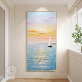 旭日东升手绘油画玄关装 饰画肌理画大海日出现代轻奢客厅过道挂画