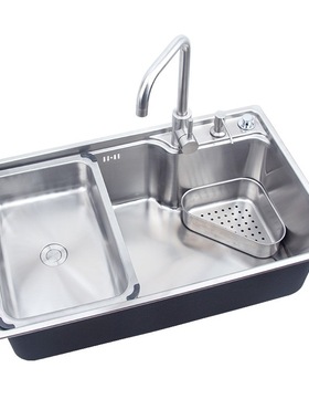 新款304不锈钢一体拉伸台控功能水槽带盆中盆三角篮大单槽S7546