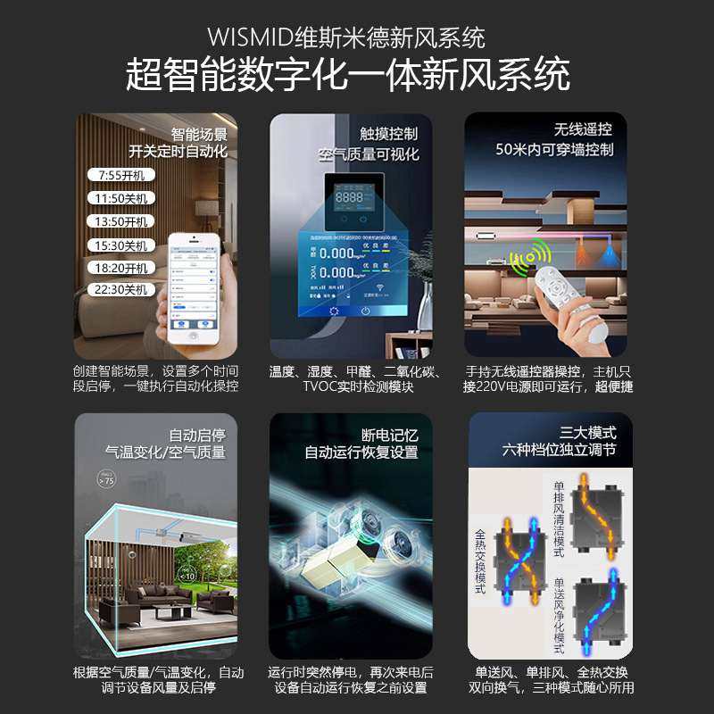 智能新风换气机超静音家用变频全热交换新风机新风排风净化一体