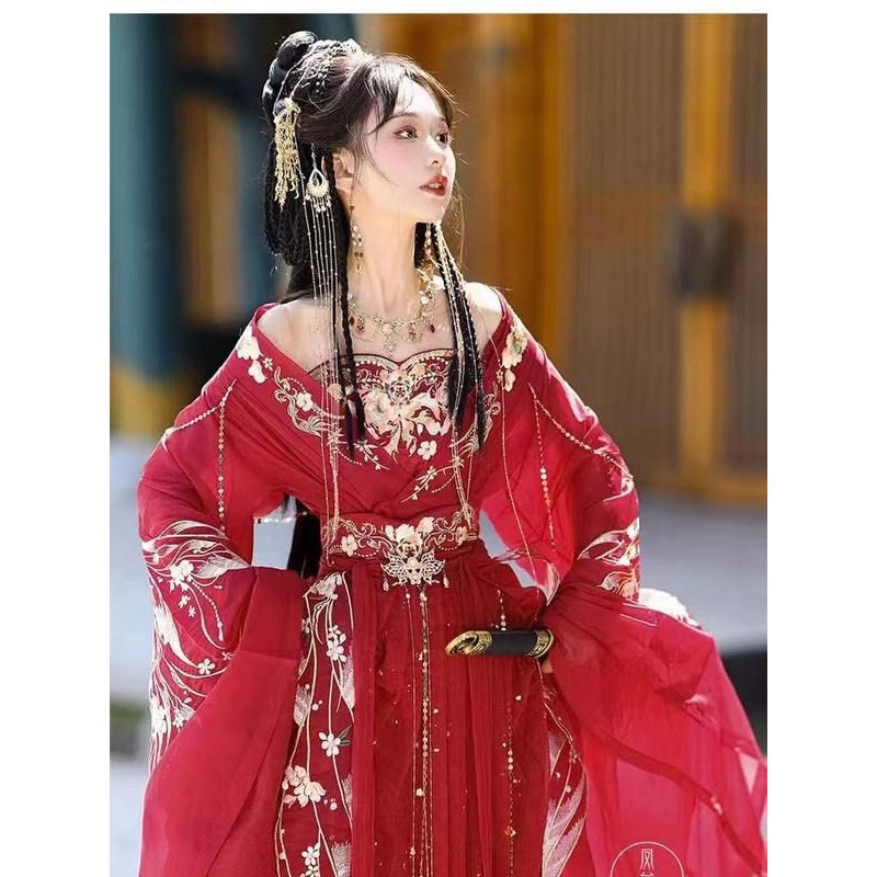 新款汉服女套装十二花神长安花齐腰诃子裙重工刺绣红色超仙春秋季