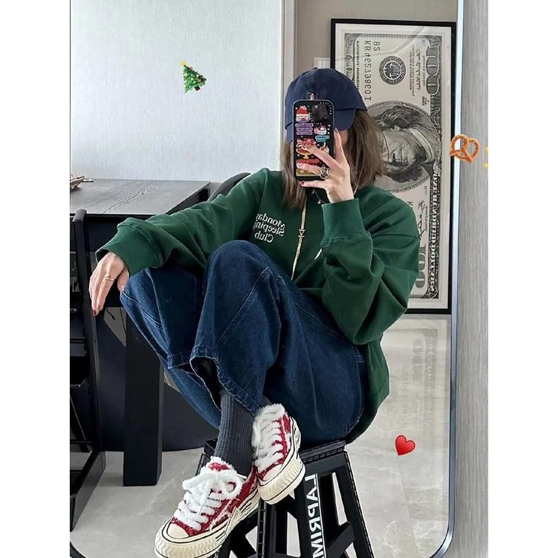 美式无帽圆领卫衣女春秋冬2025新款加绒简约慵懒风墨绿色长袖上衣