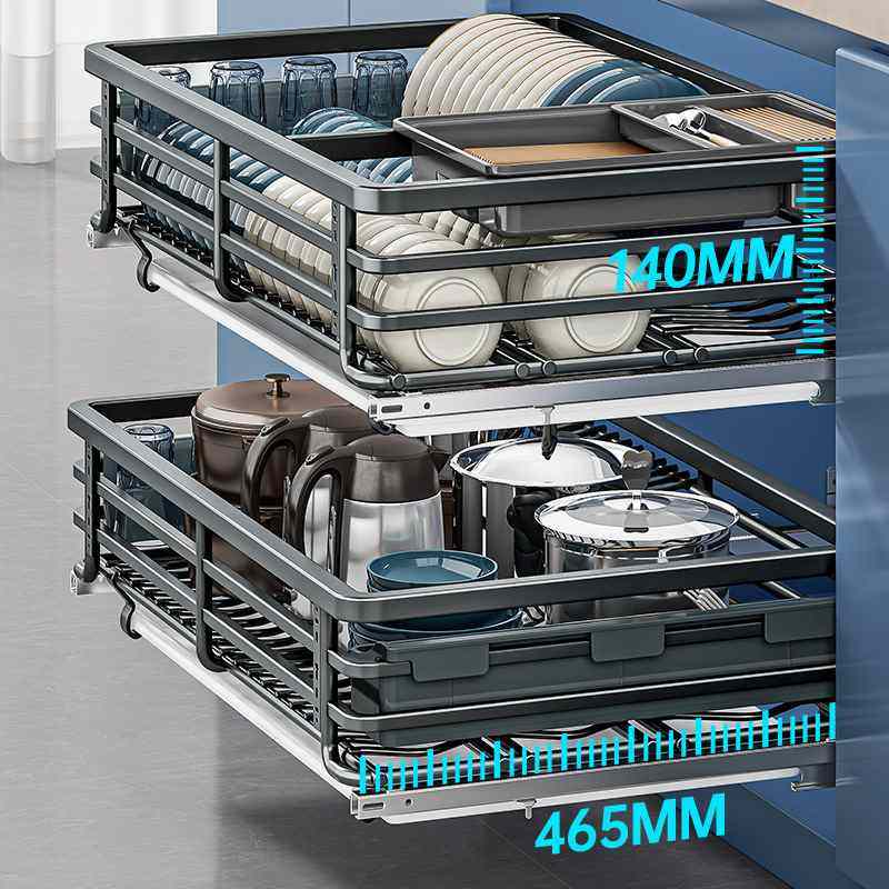 拉篮厨房橱柜抽屉式双层放装碗筷碟架304不锈钢拉篮调味收纳拉蓝