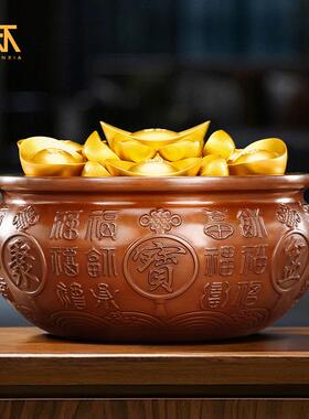 紫铜百福聚宝盆摆件百福缸实心招财客厅办公室店铺开业聚财存钱罐