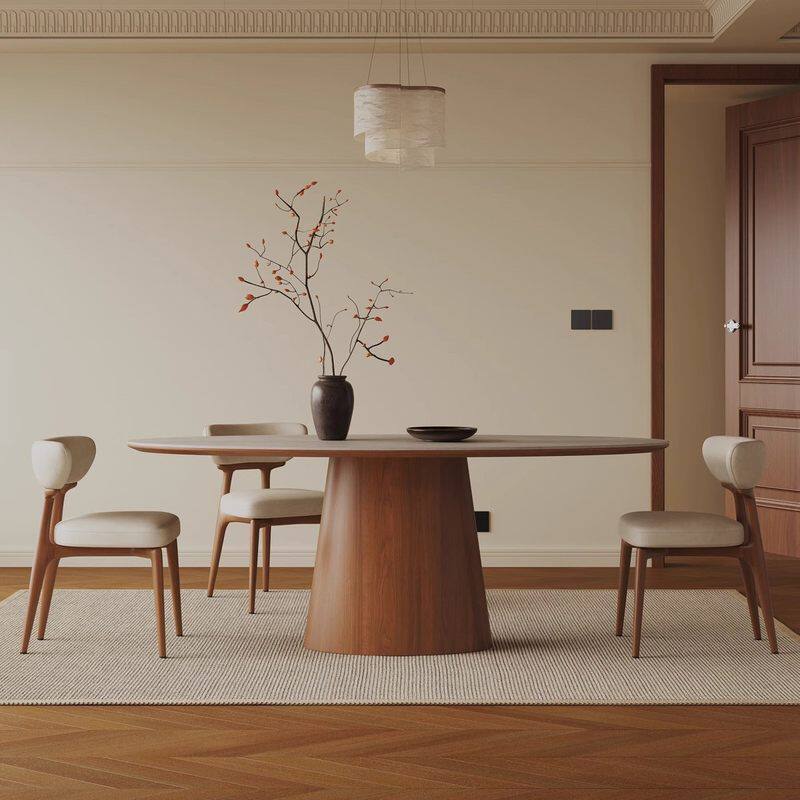 意式实木岩板餐桌椅组合大户型简约现代客厅家用椭圆形胡桃色桌子