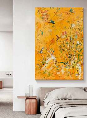 金黄色花鸟手绘油画客厅抽象挂画玄关肌理丙烯装饰壁画艺术高级感