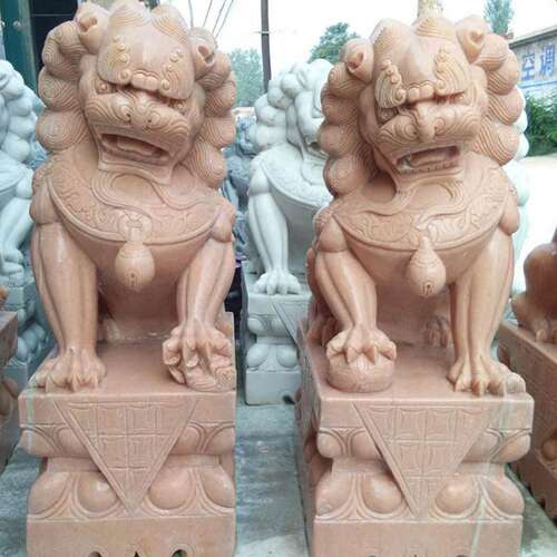 厂家供应晚霞红石雕狮子仿古石狮子一对庭院别墅门口景观雕塑