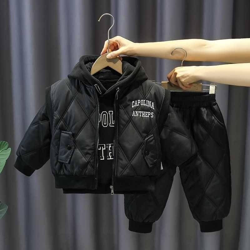 儿童加绒卫衣套装男童冬季运动休闲马甲三件套男宝宝加厚洋气冬装
