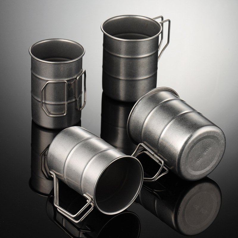 埃恩304不锈钢创意油桶水杯露营造型钛手柄口杯复古折叠户外仿餐