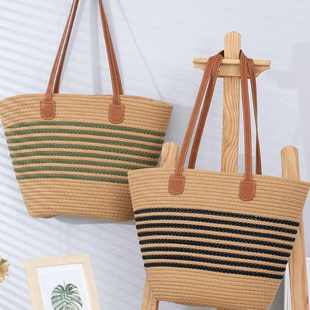 新品 秋冬棉绳手提包大容量手工斜挎托特包皮把出勤逛街包包女