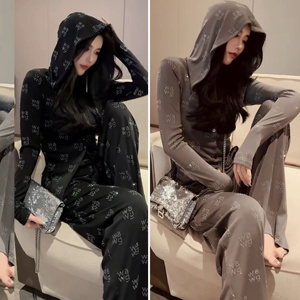 网红炸街连帽字母烫钻显瘦辣妹套装女春夏帽衫高腰阔腿裤两件套潮