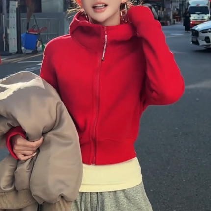 欧货高级感加绒加厚连帽拉链卫衣女秋冬百搭时尚休闲短款上衣外套