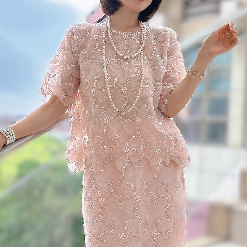 女装夏套装高级感镂空刺绣名媛短袖2025新款上衣女夏广州十三行
