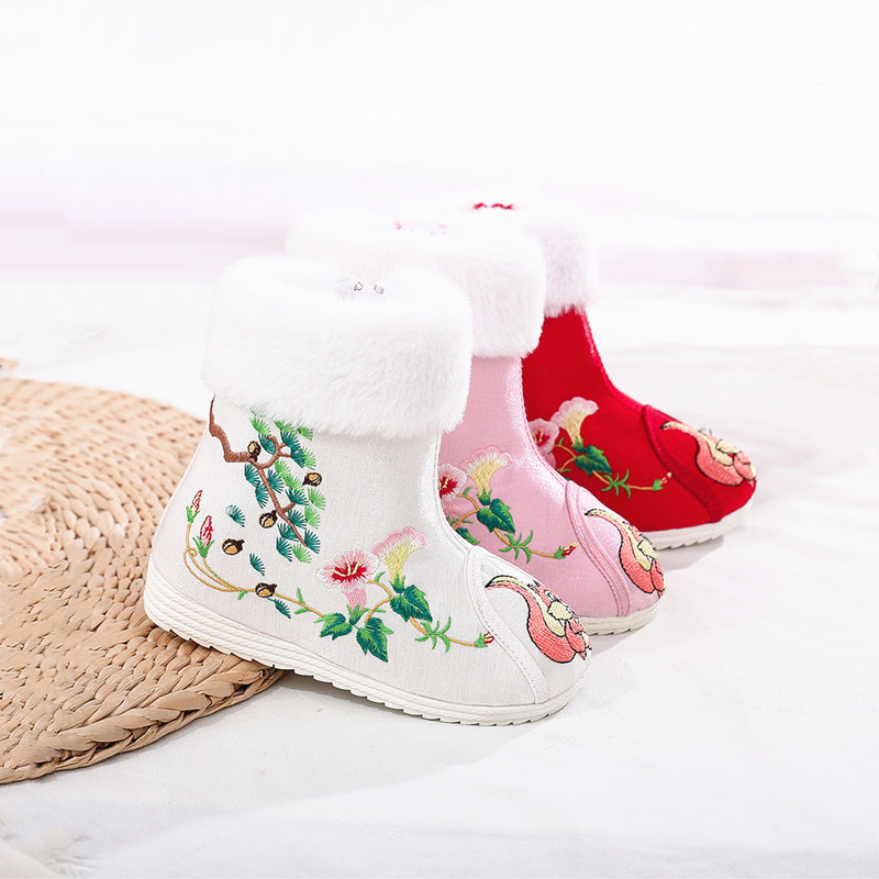 儿童古装汉服鞋冬老北京布鞋女童绣花鞋中国风民族风舞蹈鞋表演靴