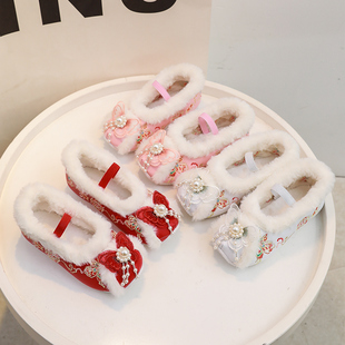 儿童古风高端汉服鞋加绒棉皮鞋女童绣花鞋新年中国风古装明宋鞋