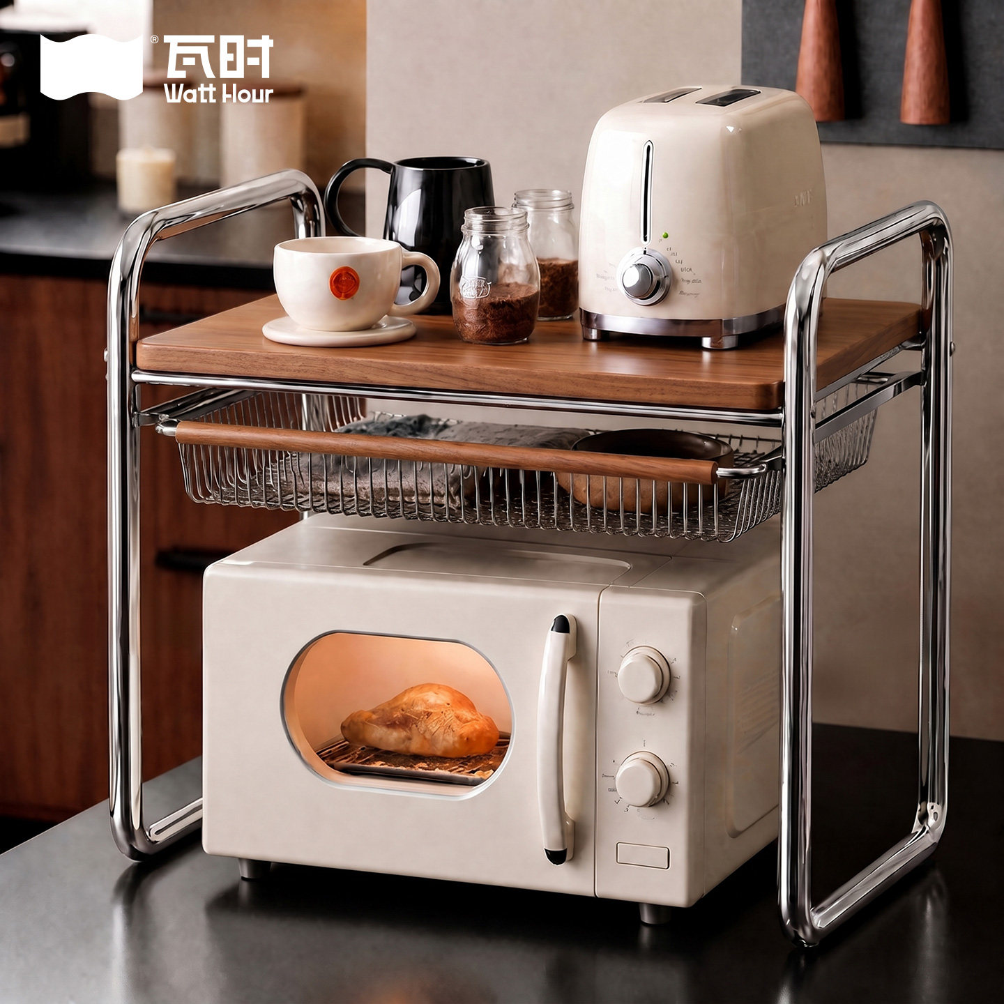 【中古风实木】微波炉抽拉置物架图片