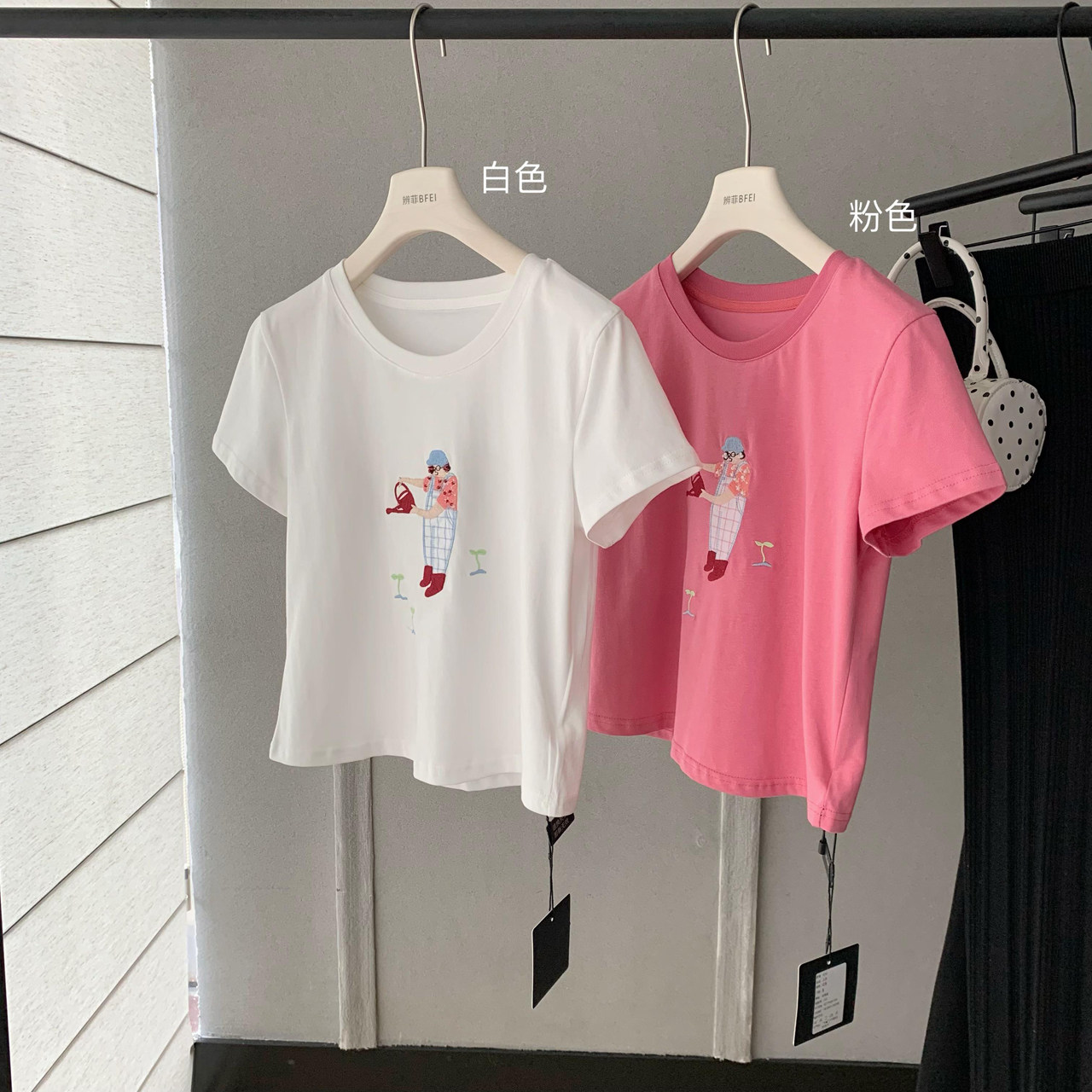 童趣贴布绣手工珠绣短袖t恤女