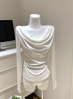 羊毛天丝莱赛尔针织长袖T恤女法式荡领假两件蕾丝拼接打底衫上衣