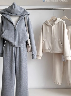 巨好看的两件套冬装慵懒加绒加厚连帽卫衣外套女+休闲长裤套装秋