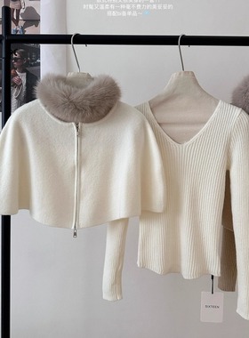 可拆卸仿狐狸毛领斗篷毛衣外套+打底针织衫女秋冬巨好看的两件套