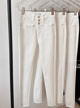 韩女小脚裤白色高腰加绒烟管裤女秋冬内里抓绒显瘦九分牛仔裤子