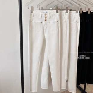 子 女秋冬内里抓绒显瘦九分牛仔裤 韩女小脚裤 白色高腰加绒烟管裤