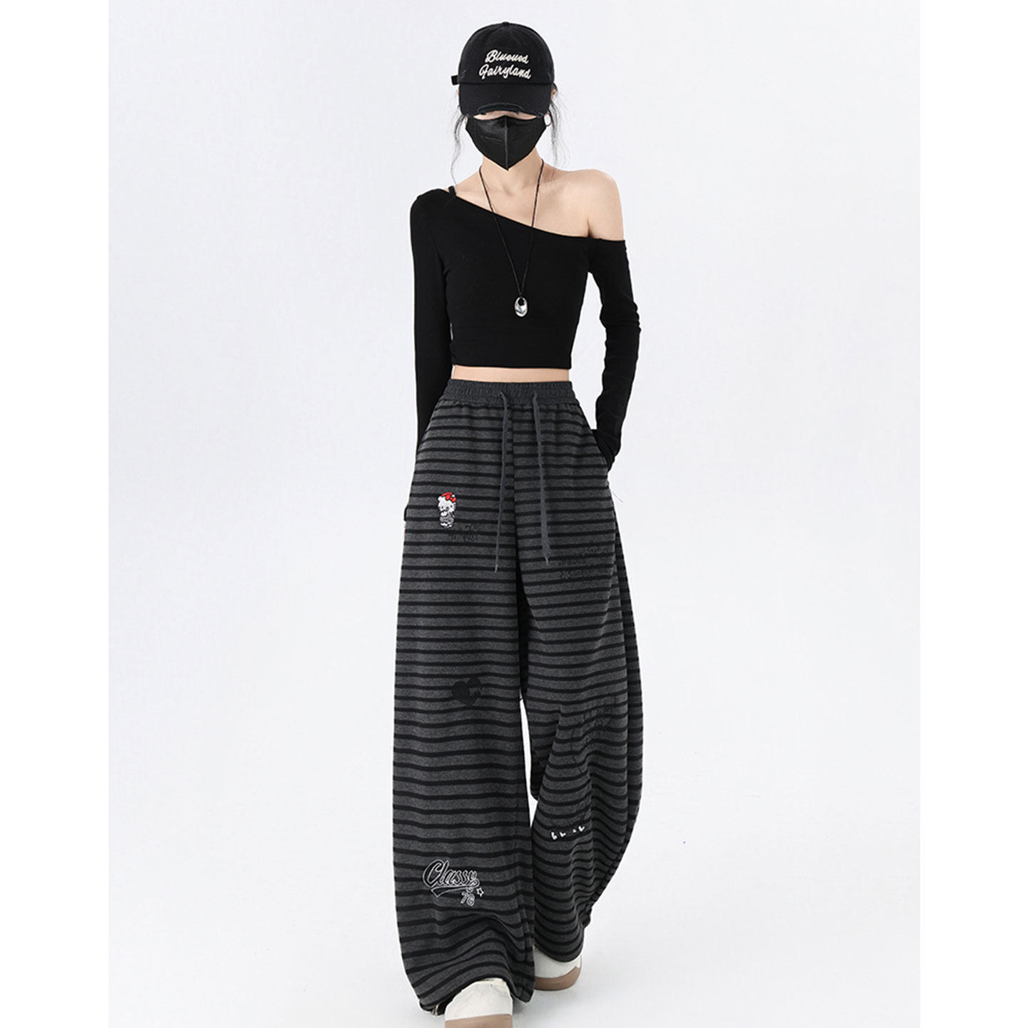 卡通刺绣条纹休闲裤女2026春季新款显瘦慵懒风阔腿抽绳直筒长裤子,女装/女士精品,休闲裤,淘宝优惠券,粉丝福利购,淘宝优惠卷