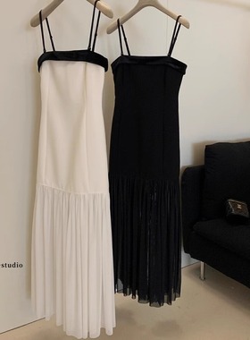 法式撞色抹胸网纱连衣裙女夏高级感名媛纯欲气质修身垂感吊带长裙