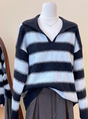 韩系蓝色条纹翻领毛衣女外套厚秋冬穿搭软糯绝美巨好看长袖针织衫