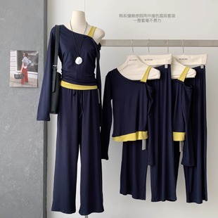 套装 松紧腰休闲裤 T恤女 2025早秋韩系撞色拼接假两件斜肩露肩短袖