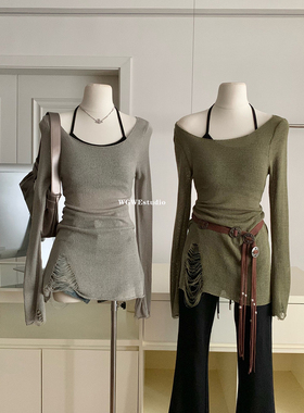 氛围感两件套辣妹自带胸垫美背打底+收腰设计露肩针织衫长袖上衣