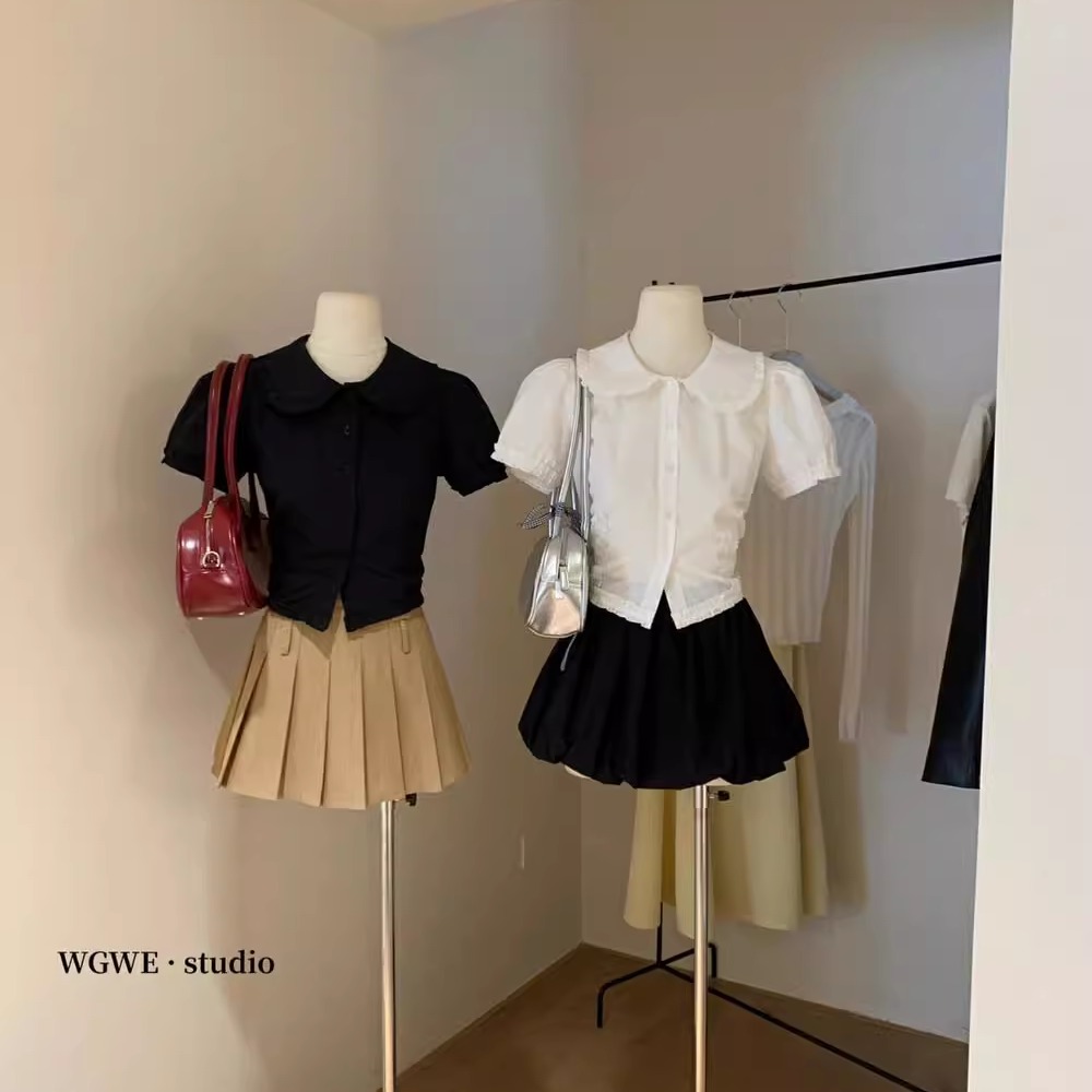 娃娃领短袖白色衬衣女夏季修身短款洋气法式高级感泡泡袖衬衫