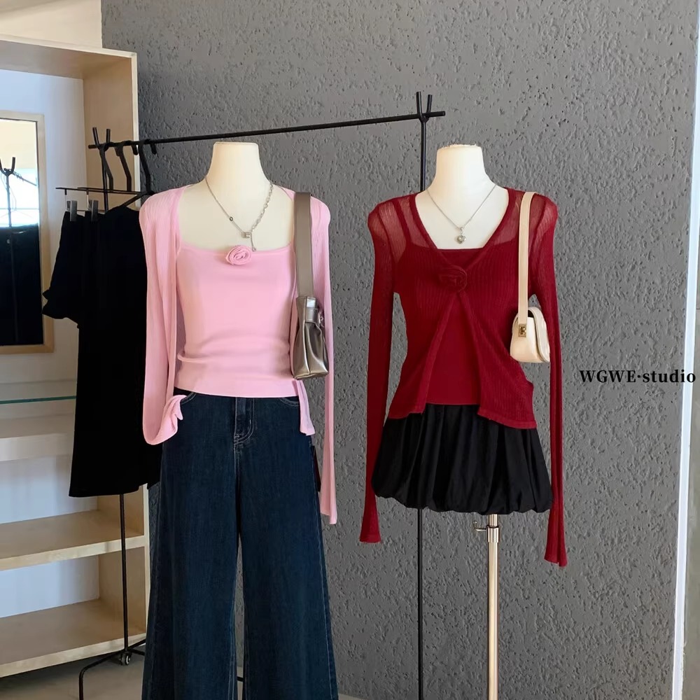 V领针织开衫毛衣外套+内搭吊带