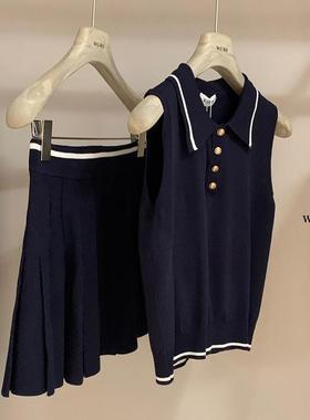 缪少女 纯色背心/短袖+休闲半裙简约时髦针织网球polo三件套