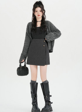 2026春季新款不规则A字毛呢半身裙高腰显瘦百搭黑色西装短裙子夏