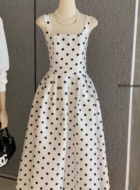 法式复古赫本风波点吊带连衣裙女秋季气质收腰显瘦高级礼服长裙子