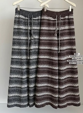 撞色条纹针织休闲裤阔腿裤女裤今年流行爆款冬季高腰加厚直筒毛裤