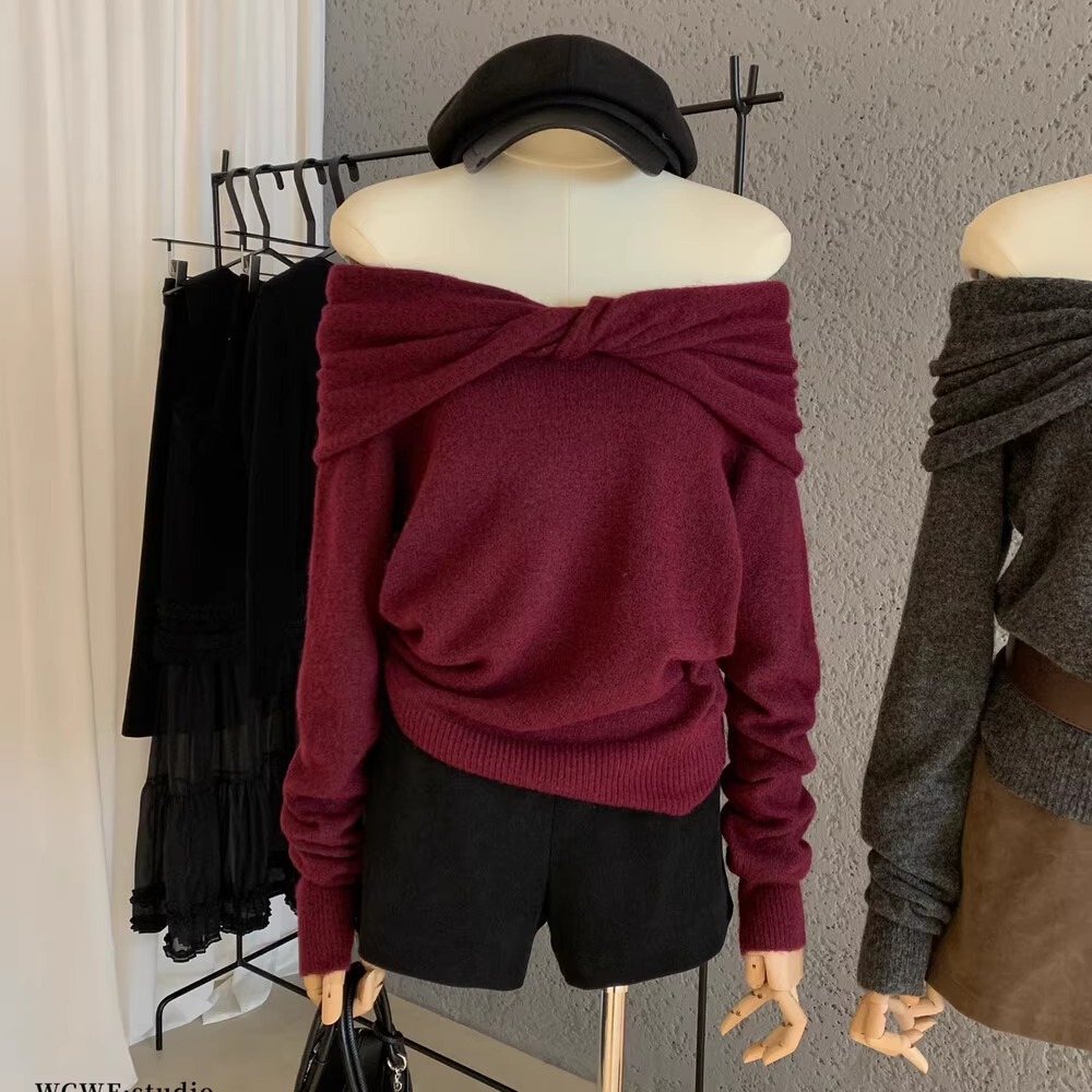 节日氛围感气质穿搭一字肩针织衫