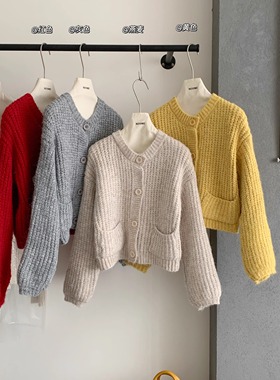 粗线圆领长袖针织开衫女装加厚秋冬保暖软糯亲肤宽松短款毛衣外套