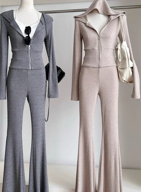 秋装一整套ootd穿搭连帽修身短外套+微喇休闲裤巨好看韩系两件套