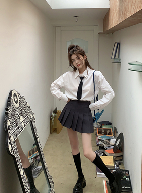 2024初秋装新款白色宽松领带百搭长袖衬衫上衣女学院风内搭衬衣