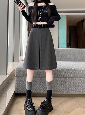 灰色高腰显瘦遮胯A字中长裙2026春季高级感气质毛呢料黑色半身裙